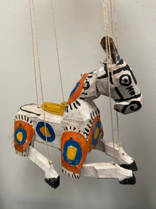 Mexican Inspired Hand-carved Wooden Donkey Marionette on Strings